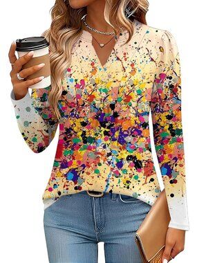 Women's Colorful Polka Dots Long Sleeve Shirts V-Neck Casual Pleated Fall Tops
